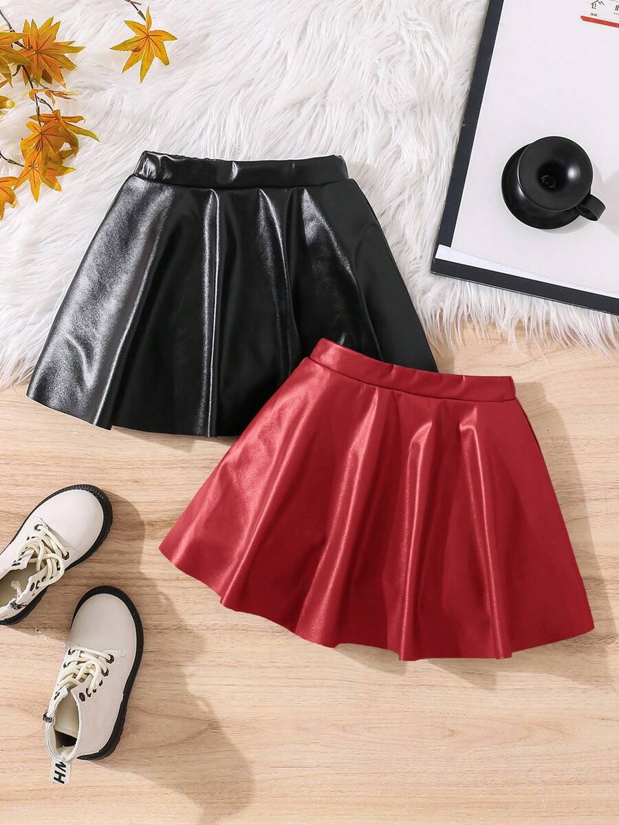 2 件套少女和少女 PU 半圆裙，适合日常休闲穿着 - 紅色 - 查看 1