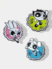 THE POWERPUFF GIRLS X SHEIN 3 件套花朵、泡泡、毛茛图案珐琅胸针、卡通人物创意别致配饰金属徽章 - 彩色 - 查看 3