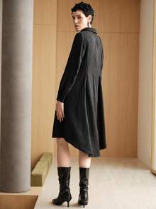 Uhlyne Women's Stylish Textured Fabrics Casual Shirtcollar Button Up Long Sleeve Shirt Dress, Mid-Length, Easy Care,Autumn,Minimalist,Work Wear,Teacher Outfits,Back To School,Fall,Neutral Clothes,Business Casual,Old Money Style, Navy Blue - Black - View 8