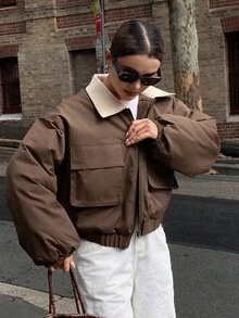 DAZY 女士宽松休闲棉服外套，秋冬新款夹克 - 咖啡棕 - 查看 1