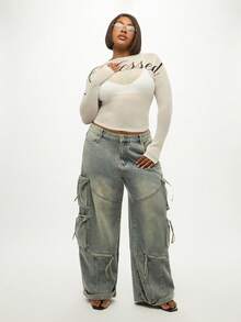 SUMWON Quần jeans ống rộng Cargo cỡ lớn Quần denim giặt cổ điển Phong cách đường phố Quần denim cạp cao nhiều túi Quần thường ngày rộng rãi cho mùa thu đông - Rửa nhẹ - Xem 5