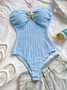 Soleia 女士海星装饰修身连体衣，适合海滩度假、约会、下午茶、假日、音乐节等场合，波西米亚风格 - 淺藍色 - 查看 3