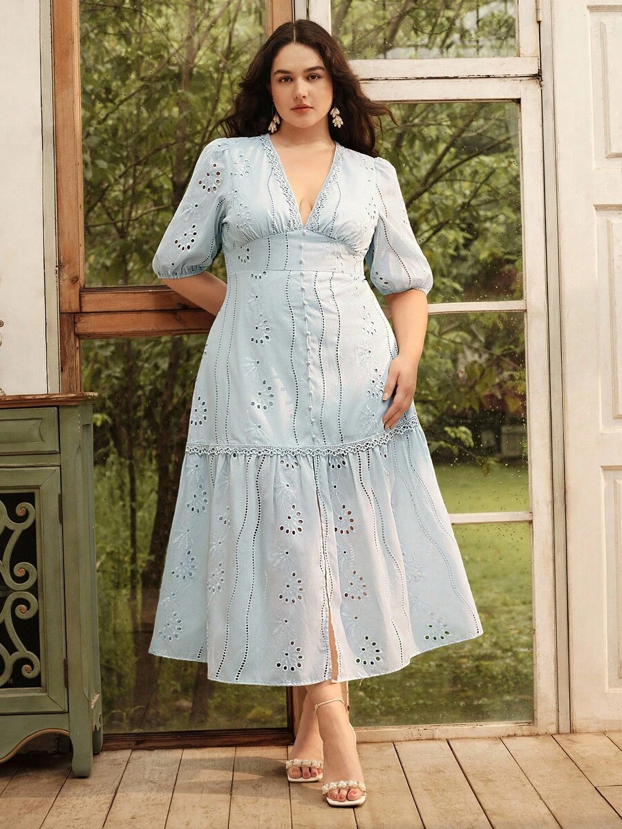 Anewsta Summer New Design V-Neck Hollow Out Embroidery Solid Color Puff Sleeve Plus Size Dress - Baby Blue - View 1
