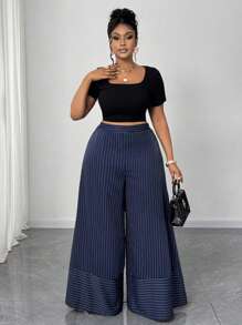 Maweii Pantalones de pierna ancha a rayas de Boston para mujer de talla grande - Azul Marino - Ver 5