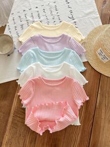 LMoss Kids 5pcs/Set Babygirl Summer Cute Ribbed Solid Color Ruffle Hem Short Sleeve Top, Buy 1 Get 4 Free Baby Girl Summer Tops Toddler Summer Tops Toddler Ruffle Sleeve Tops Baby Tops Ribbed Baby Tops - Multicolor - View 4