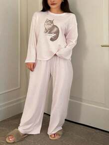 Dazy Plus Plus Size Women Polka Dot Cat Print Loose Fit Round Neck Top And Pants Pajama Set, Pink, Fall Clothes, Cozy Outfits