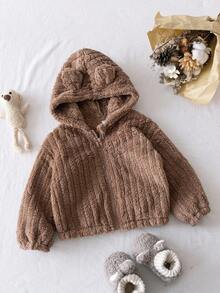 Genkimix Kids Unisex Brown 3D Bear Ear Hooded Casual Jacket, Long Sleeve Hoodie Suitable For Outdoor, School, Daily Casual Wear, Winter - Brown - View 3