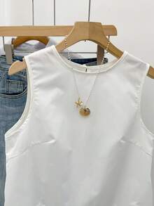 SHEIN Frenchy 女士休闲纯色撞色蕾丝无袖衬衫，白色蕾丝上衣，白色优雅上衣，女士白色上衣，蕾丝下摆衬衫，后背蝴蝶结衬衫，无袖衬衫，撞色蕾丝背心，优雅上衣，可爱背心，秋季女装，冬季女装，四季皆宜，冬季女装，休闲办公女装，法式风格，商务休闲女装，优雅，通勤，简约，办公室，复古，简约 - 白色 - 查看 5