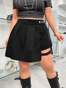 SHEIN EZwear 大码女式纯色褶皱侧扣眼下摆迷你裙