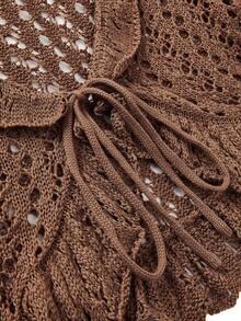 Y2Kool BiGraphic Suéter de mujer con cuello en V y ribete de volantes, blusa de encaje marrón, blusa de ganchillo marrón, blusa de manga larga marrón, blusa de punto marrón, blusa marrón de mujer para el invierno de uso casual