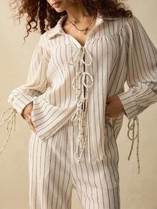 SoleilVie 2pcs Set: Tie-Up Long Sleeve Shirt And Loose Pants Fall Cloth For Women - Apricot - View 4