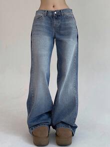 DAZY Damskie luźne jeansy z przodu z zapięciem na guziki i wieloma kieszeniami, szerokie nogawki, codzienne, luźne jeansy - Niebieski - Zobacz 10