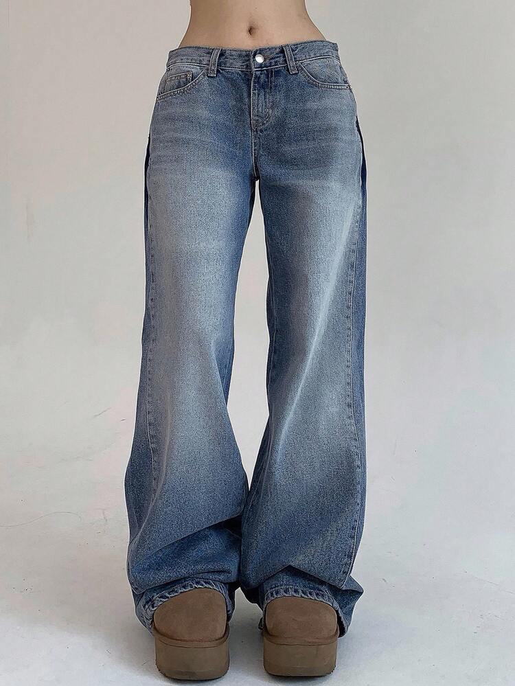 Women's Loose Front Button Closure Multi-Pocket Wide Leg Jeans, Casual Daily Wear,Baggy Jeans