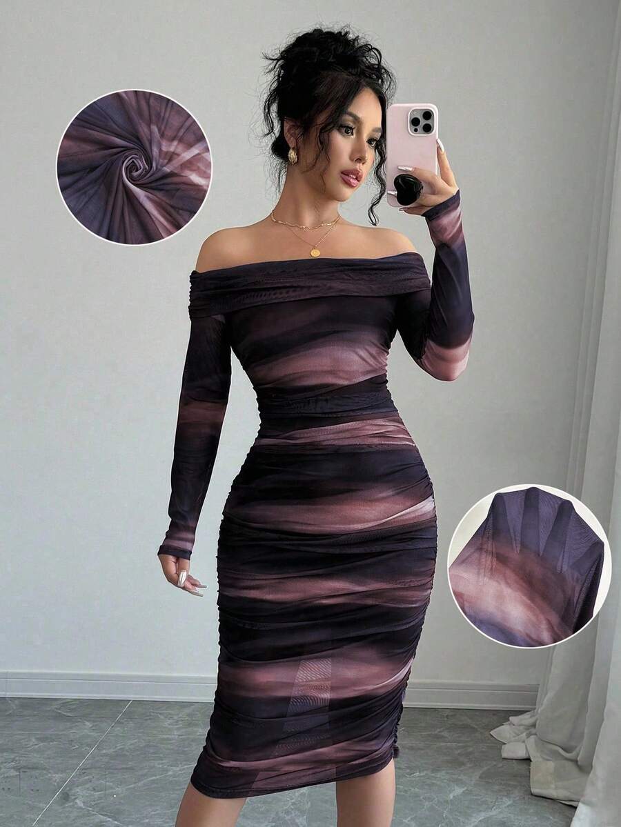 Selianne 优雅露肩紧身双层效果高弹针织网眼多色扎染印花连衣裙,秋冬女士 - 彩色 - 查看 1