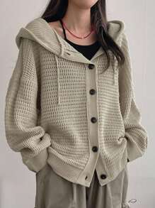 DAZY Áo khoác cardigan dáng rộng, có mũ trùm đầu, dây rút, màu trơn, thường ngày cho nữ, quần áo mùa thu - Màu Khaki - Xem 1
