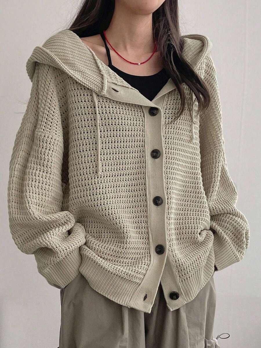 DAZY Áo khoác cardigan dáng rộng, có mũ trùm đầu, dây rút, màu trơn, thường ngày cho nữ, quần áo mùa thu - Màu Khaki - Xem 1