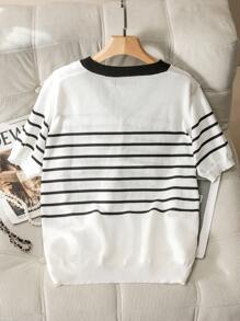 SHEIN Lacomfia Plus Size Casual Commuter Striped Short Sleeve Sweater, Summer Winter Fall Autumn - Black and White - View 2