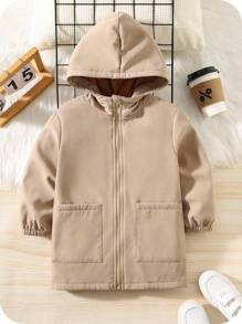 SHEIN Young Boy's Faux Sherpa Hooded Mid-Length Padded Jacket, Khaki Color Casual Outdoor Sport Suitable For Autumn/Winter Kids Coat Toddler Coat Kids Winter Coat Thermal Lined Coat Kids Hooded Coat Kids Fall