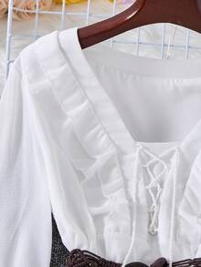 INAWLY Rochie de vacanță pentru femei, lungime medie, cu mânecă tip felinar, cu noduri, model de vacanță, culoare solidă, model cu noduri - alb - Vizualizare 5