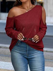 EMERY ROSE Plus Size Casual Solid Color Off-Shoulder Sweatshirt, Spring/Autumn Fall Cloth For Women Winter - Maroon - View 5