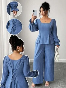 Elenzga Bộ 2 món áo sơ mi dài tay buộc dây lưng màu trơn cỡ lớn dành cho nữ và quần ống rộng thường ngày - Màu xanh lam - Xem 1