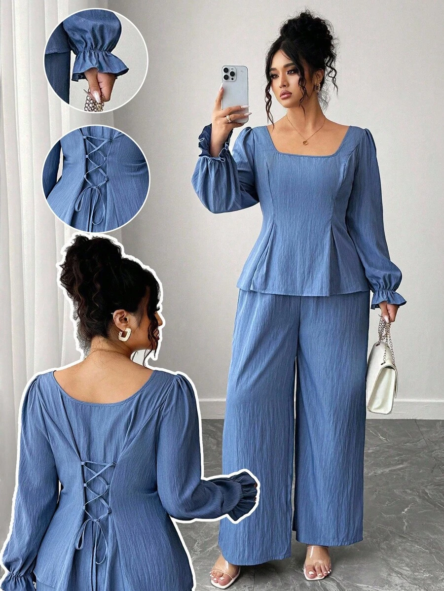 Elenzga Bộ 2 món áo sơ mi dài tay buộc dây lưng màu trơn cỡ lớn dành cho nữ và quần ống rộng thường ngày - Màu xanh lam - Xem 1