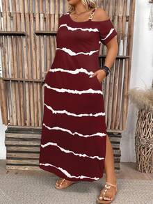 EMERY ROSE Plus Size Women's Casual Striped Minimalist Daily Dress, Asymmetric Neckline Side Slit Pocket Dress. Women's Long Dress, Extra Long Loose Vacation Style Dress