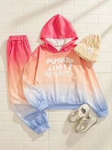 Explorewe Tween Girl Ombre Slogan Print Hoodie & Sweatpants Set - Multicolor - View 1
