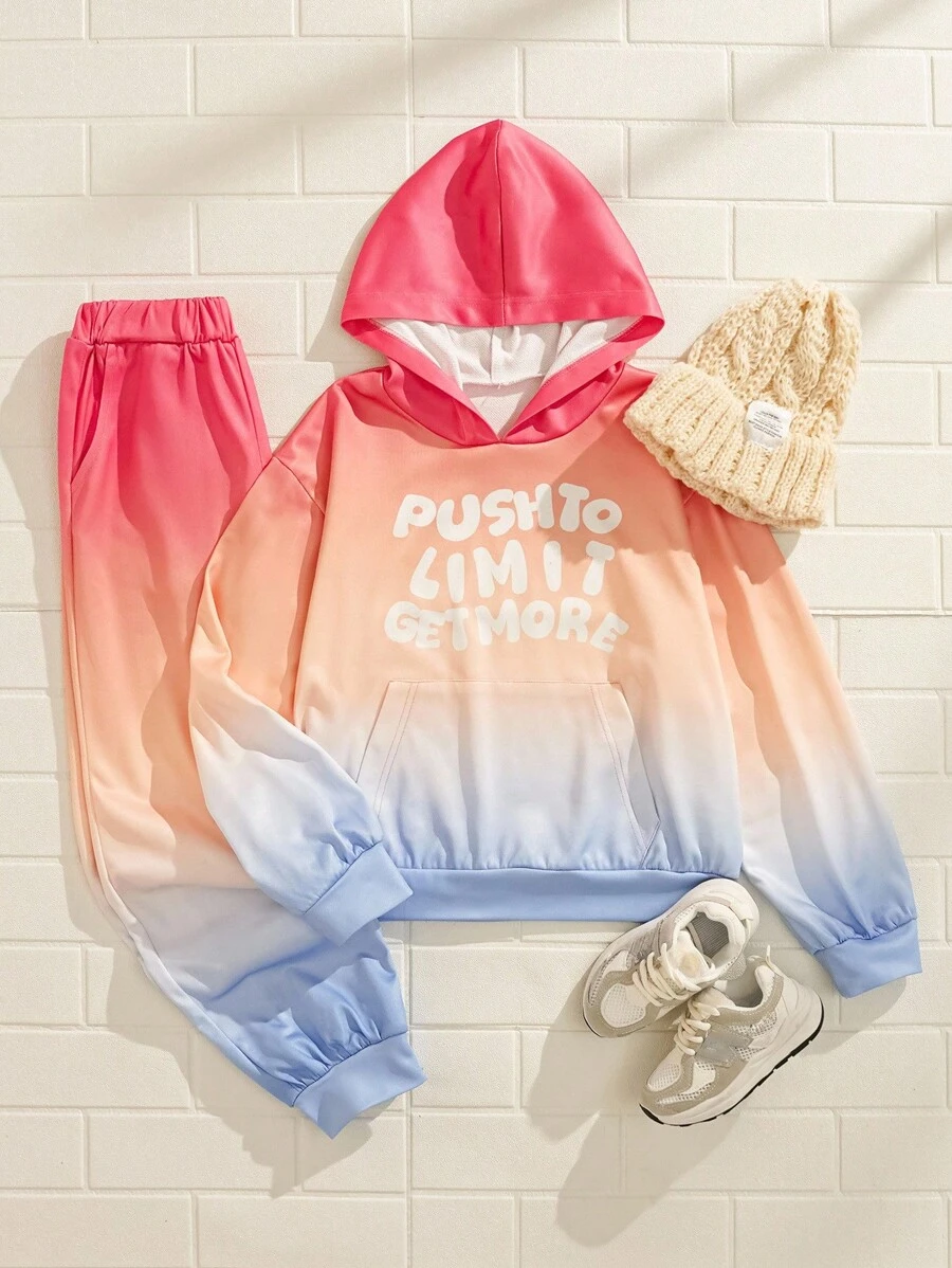 Explorewe Tween Girl Ombre Slogan Print Hoodie & Sweatpants Set - Multicolor - View 1
