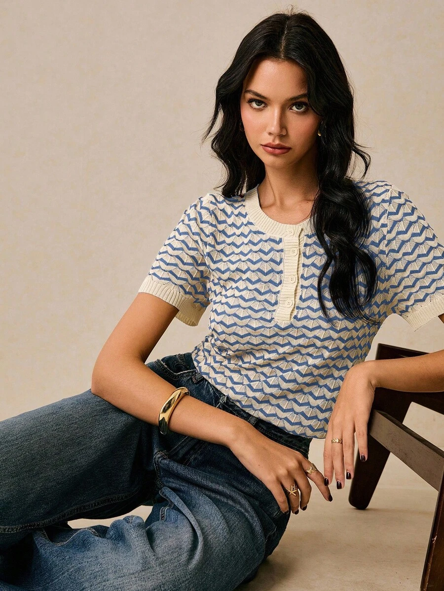 Poéselle 女式休闲拼色条纹短袖针织上衣，秋冬夏季 - 淺藍色 - 查看 1