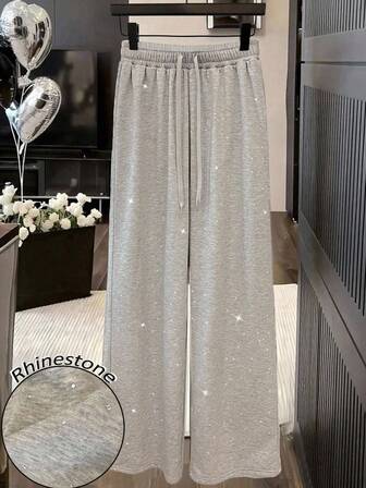 SHEIN CURVE+ 大码女式时尚水钻装饰高腰抽绳宽松直筒运动裤，百搭