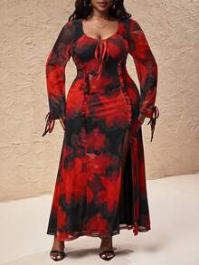 Truni Plus Size Women's Slim Fit High Stretch Long Sleeve Dress, Floral Pattern Printed Mesh Maxi Dress/Autumn /Winter