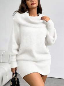 Firerie Plus Size Casual Versatile Y2K Style Off Shoulder Long Sleeve Sweater Dress, Comfortable For Commuting & Daily Wear, Retro Gray, Autumn/Winter - White - View 6
