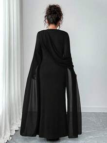 Elenzga Plus Size Fitted Waist Elegant Robe, Navy Blue Chiffon Fall Cloth For Women