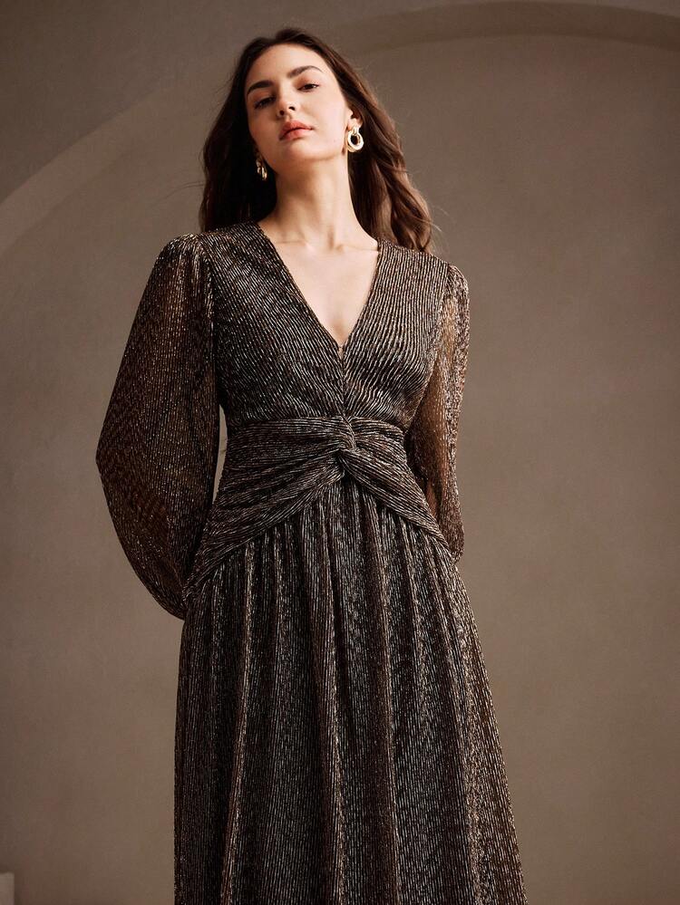 Women's Elegant Vintage High-End Material Shiny Textured Deep V-Neck Waist Slimming Flowy Evening Gown Dress, Suitable For Dates, Halloween, Christmas