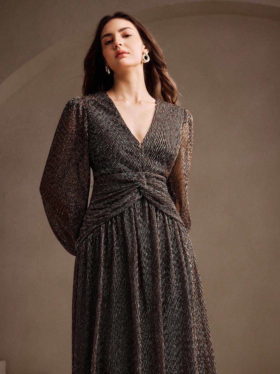 Women's Elegant Vintage High-End Material Shiny Textured Deep V-Neck Waist Slimming Flowy Evening Gown Dress, Suitable For Dates, Halloween, Christmas