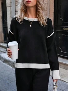 EURMUSE Damen gestreifter Pullover und Strickhose 2 Stücke Set Co-Ords Zwei-Teile-Set Damen Schwarz Zwei-Teile-Set Damen 2 Stücke lässig-Set Damen Langarm Zwei-Teile-Set Bequemes Zwei-Teile-Set,Winterkleidung - Schwarz - Übersicht 3