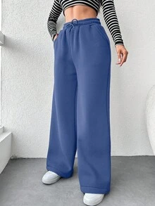 RueChic Women's Casual Solid Color Drawstring Waist Straight Leg Sweatpants, Autumn/Winter - Blue - View 4