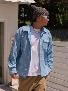 DAZY Autumn Textured Fabric Blue Floral Distressed Streetwear Men's Shirt, Fall - Multicolor - View 1