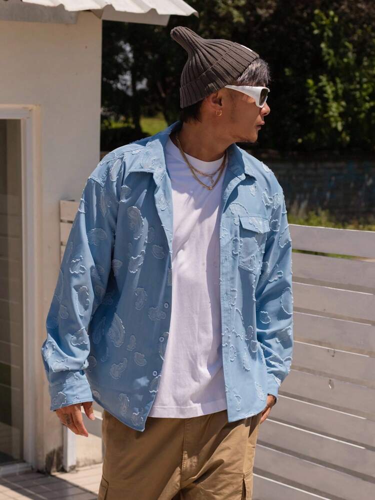 Autumn Textured Fabric Blue Floral Distressed Streetwear Men's Shirt, Fall