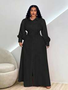 Veslaya 大码女装纯色泡泡袖单排扣休闲通勤连衣裙黑色长款连衣裙长袖连衣裙黑色纽扣连衣裙灯笼袖连衣裙黑色连衣裙女装/秋冬 - 黑色 - 查看 4