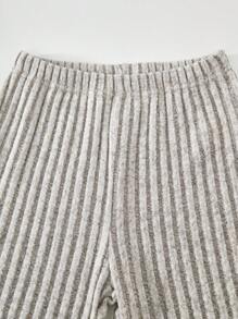 2pcs/Set Girls Vintage Elegant Off-Shoulder Double Ruffle V-Hem Bell Sleeve Ribbed Knit Top And High Waist Fitted Bell Bottom Pants Set, Everyday Wear Fall Winter - Apricot - View 8