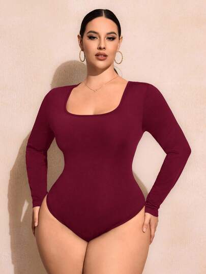 SHEIN SXY Plus Size Casual Solid Color Long Sleeve Bodysuit,Fall Clothes For Women