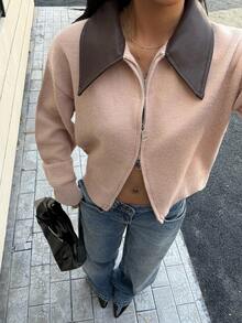 Muvela 女式复古卡其色拼布领短款休闲双拉链针织开衫，秋冬 - 卡其色 - 查看 3