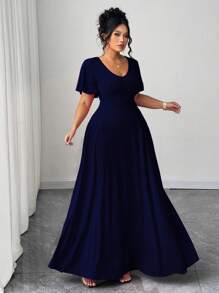 Elenzga Váy dệt kim co giãn cổ chữ V sâu tay bèo nhún cỡ lớn thanh lịch tối giản dự tiệc ngày lễ - Màu xanh hải quân - Xem 4