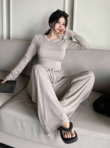 DAZY 女士纯色休闲两件套服装 - 直筒裤和基本款上衣，适合户外穿着和家居服，春夏秋 - 杏色 - 查看 5
