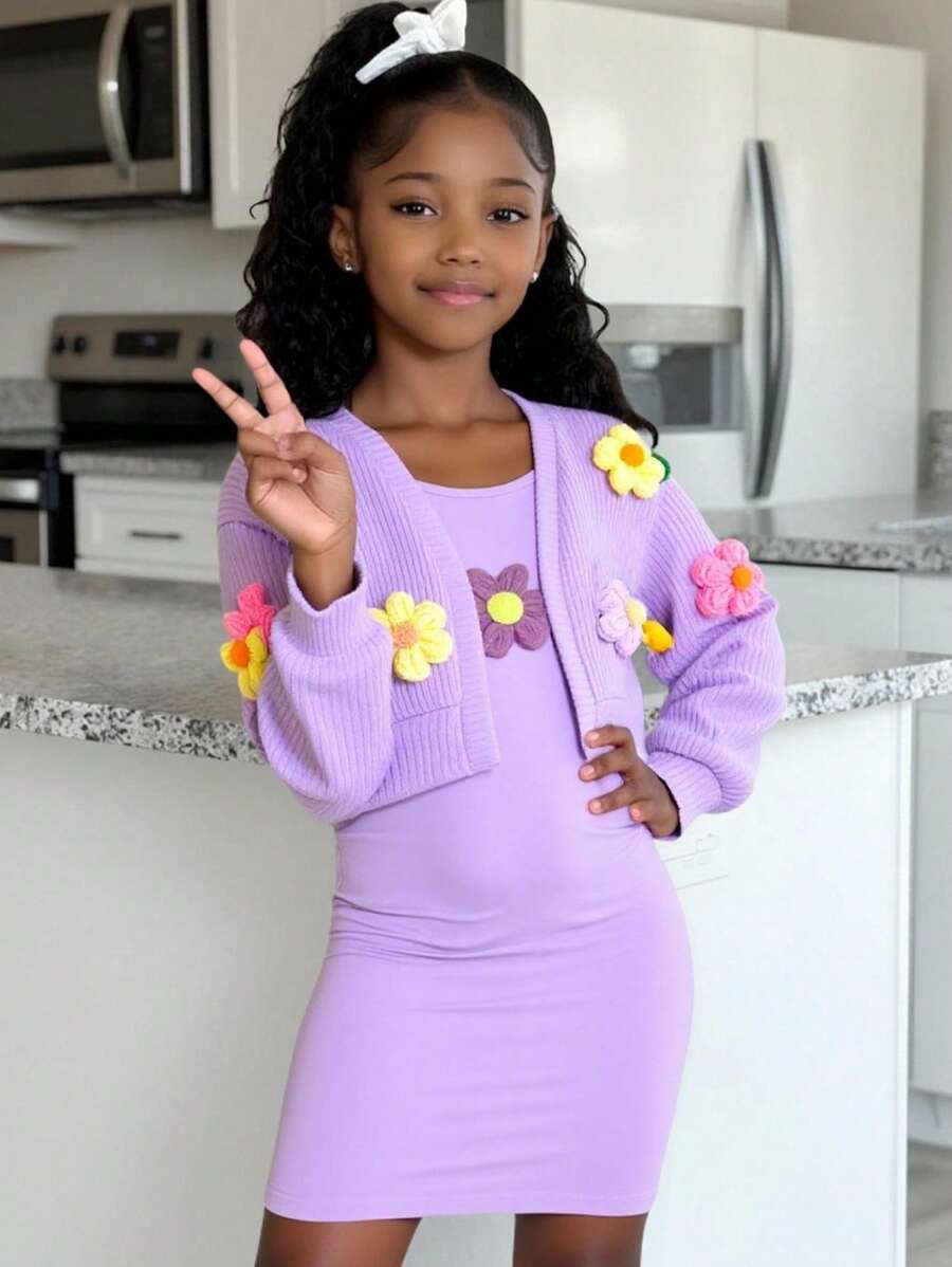 Tween Girls 彩色 3D 花卉装饰外套 + 花卉印花吊带连衣裙 2 件套,秋冬季可爱度假风格 - 紫色 - 查看 1