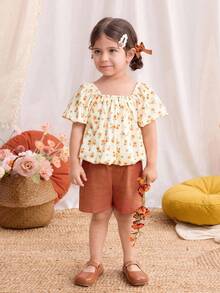 Blossori Blusa con volantes en el bajo con estampado floral amarillo para niñas, estilo vacaciones en el campo - Multicolor - Ver 3
