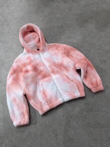 ROMWE MEN Street Life Men's Hooded Sweatshirt, Street American Tie-Dye Faux Fur Hoodie, Fall Winter - Orange - View 3