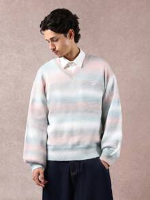 SUMWON Regular Gradient Fade V Neck Knit Sweater Pastel Color Block Winter Casual Long Sleeve Jumper Soft Cozy Pullover